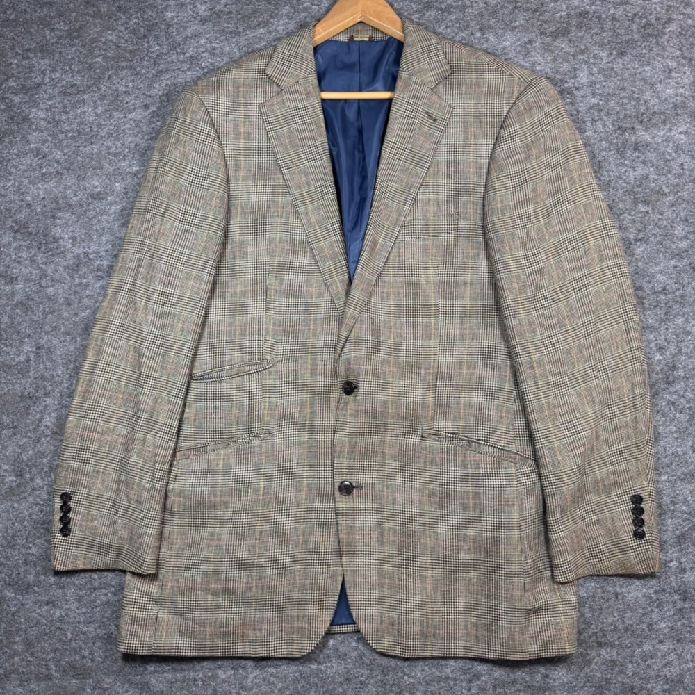 Oak Hill Blazer Jacket Mens XLT 42/44L Glen Plaid Houndstooth Linen Coat Tan
